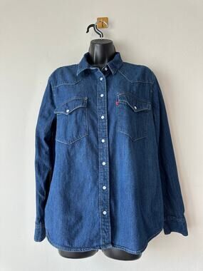 Vintage Y2K Levi’s Denim Western Shirt Pearl Snap Blue Jean Top Large